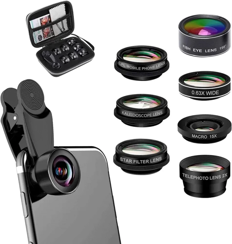 Kit d'objectif 7 en 1 pour téléphone portable - Objectif fisheye 198° - Objectif grand angle 0,63X - Objectif macro 15X - 2 miroirs de portrait - CPL - Kaléidoscope - Starburst