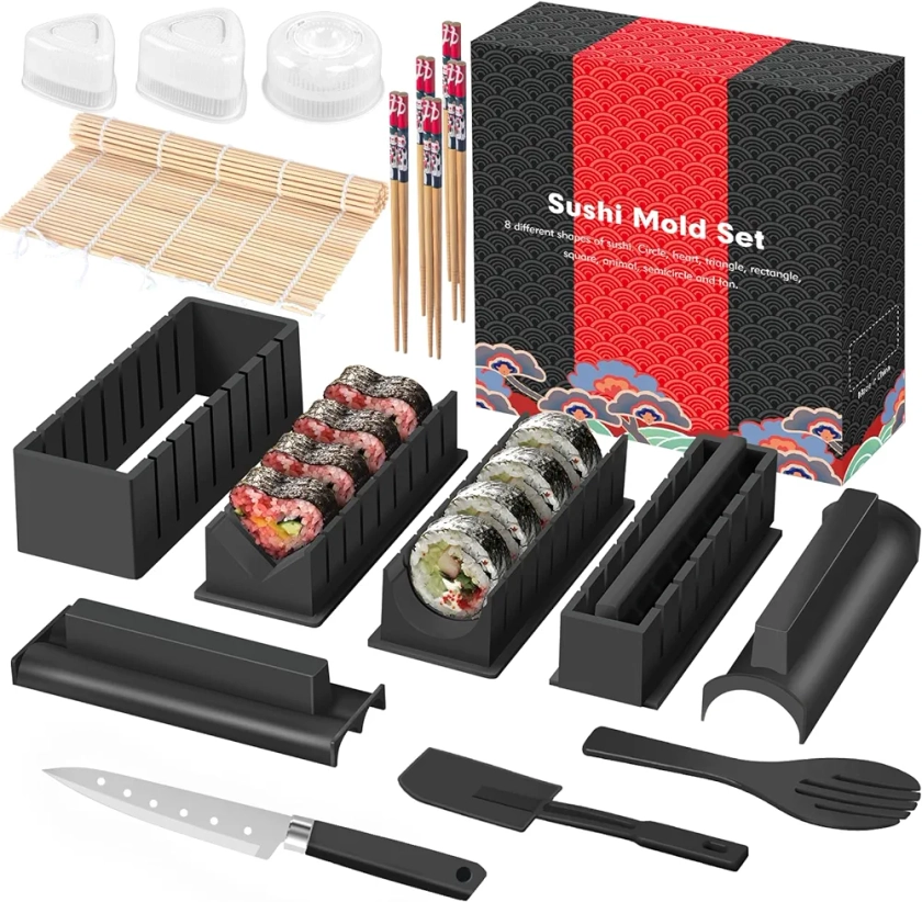 SKYSER kit Home sushi maker complet 20 Pièces Form Presse avec Sushi Rice Rolling Forms, Fourchette, Couteau à sushi, Rolling Mat, Baguettes DIY kit pour faire des（Noir）