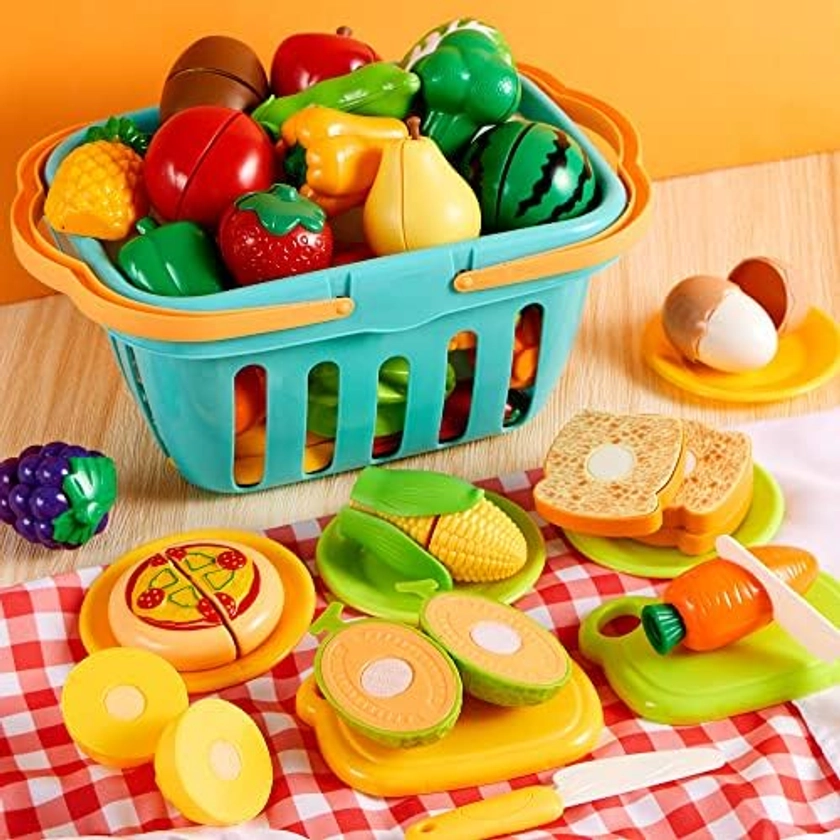 JOYIN 68pcs Cutting Play Food Toy for Toddlers Kitchen, Fake Food for Kids Play Kitchen, Includes Plastic Fruit & Vegetables, Storage Basket, Mini Dishes and Knife, Pretend Play Toys, Toddler Gifts : Amazon.com.be: Toys