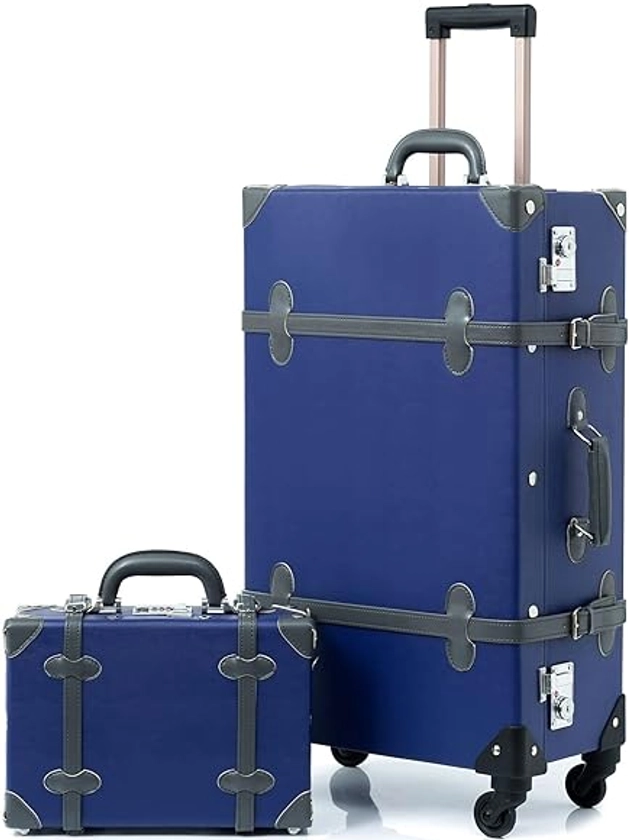 universal trotter Cute Vintage Lugage Set 2 Piece with Handheld Case, TSA Approved, Spinner Wheels, Blue/Grey, 12inch & 26inch, Vintage