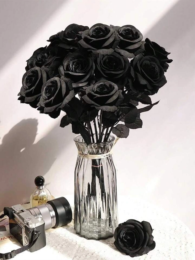 Paquete de 10 flores negras artificiales rosas falsas de seda con largo tallo para decoración del hogar, bodas, fiestas de Halloween y decoración gótica al aire libre | Moda de Mujer | SHEIN México