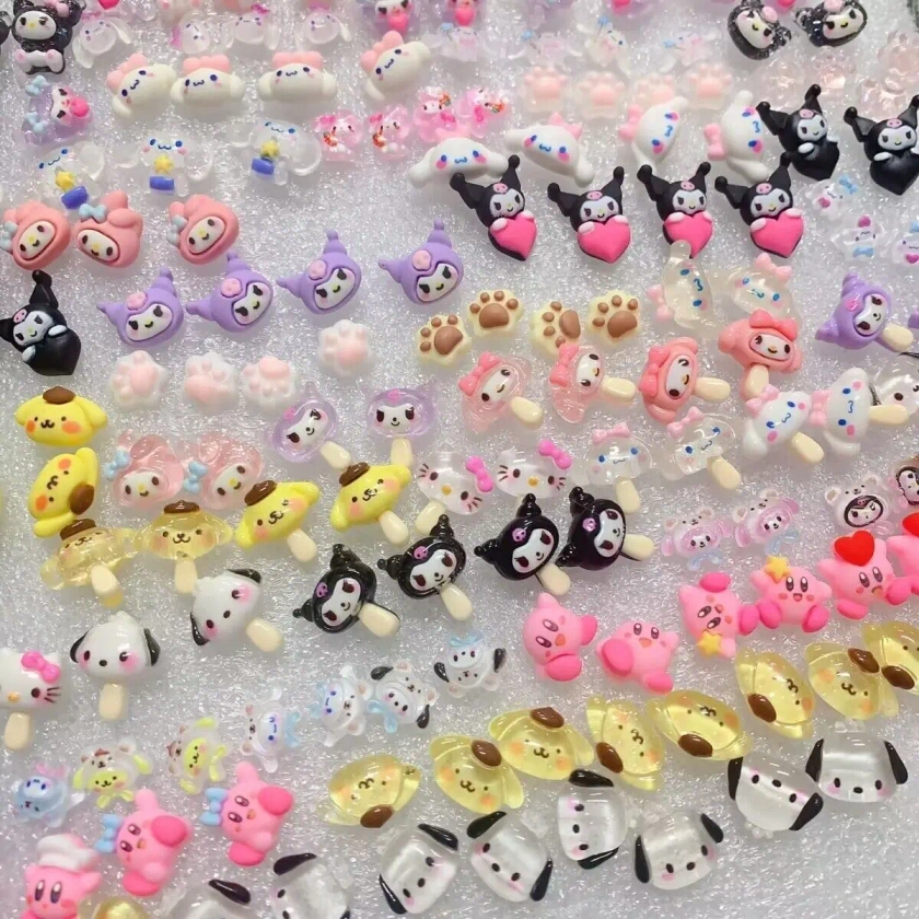Sanrioed Cartoon Nail Jewelry Charms Kit Kawaii Hello Kitty Kuromi Nail Rhinestone Gems for Manicure DIY Crafts