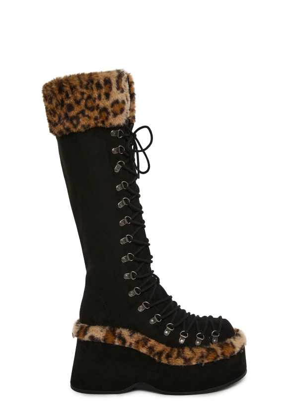 Leopard Faux Fur Faux Suede Platform Boots Current Mood - Black