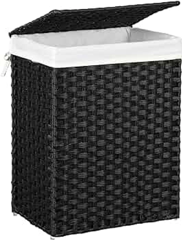 SONGMICS Laundry Hamper with Lid, 23.8 Gallon (90 L) Synthetic Rattan Clothes Laundry Basket with Lid and Handles, Foldable, Removable Liner, Black ULCB51BK