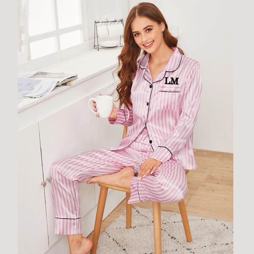 Pink & White Stripe Embroidered Satin Pyjama Pant Set