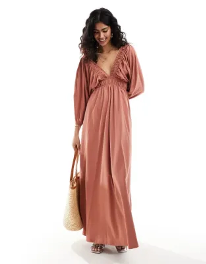 ASOS DESIGN - Robe rétro mi-longue et élastique à décolleté plongeant et taille froncée - Rouille