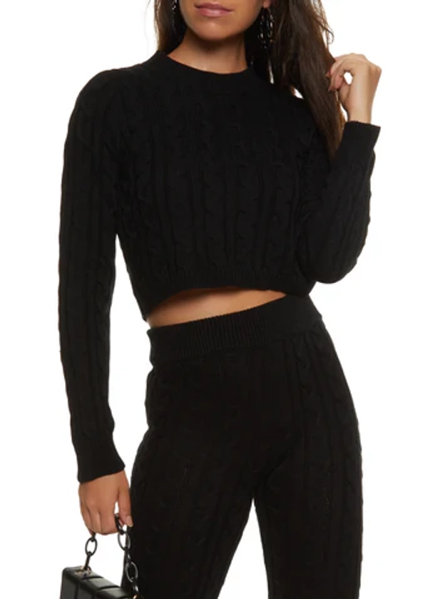 Cable Knit Crew Neck Cropped Sweater