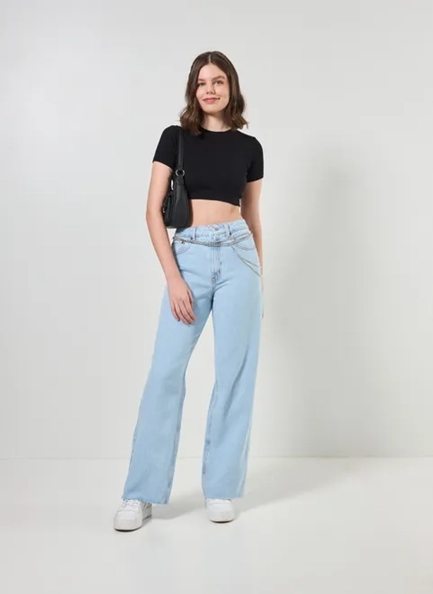 calça jeans wide leg cintura alta - jeans claro