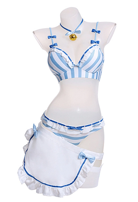 Vanilla Sexy Lingerie Set Costume Blue Stripe Top and Thong Sleepwear Set with Skirt