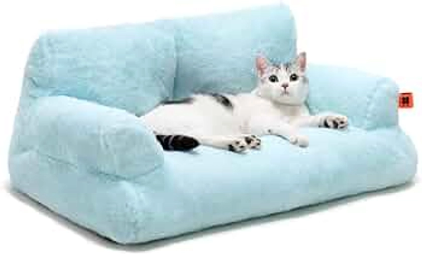 Pet Couch Bed, Washable Cat Beds for Medium Small Dogs & Cats up to 25 lbs, Durable Dog Beds with Non-Slip Bottom, Fluffy Cat Couch, 26×19×13 Inch (Blue)