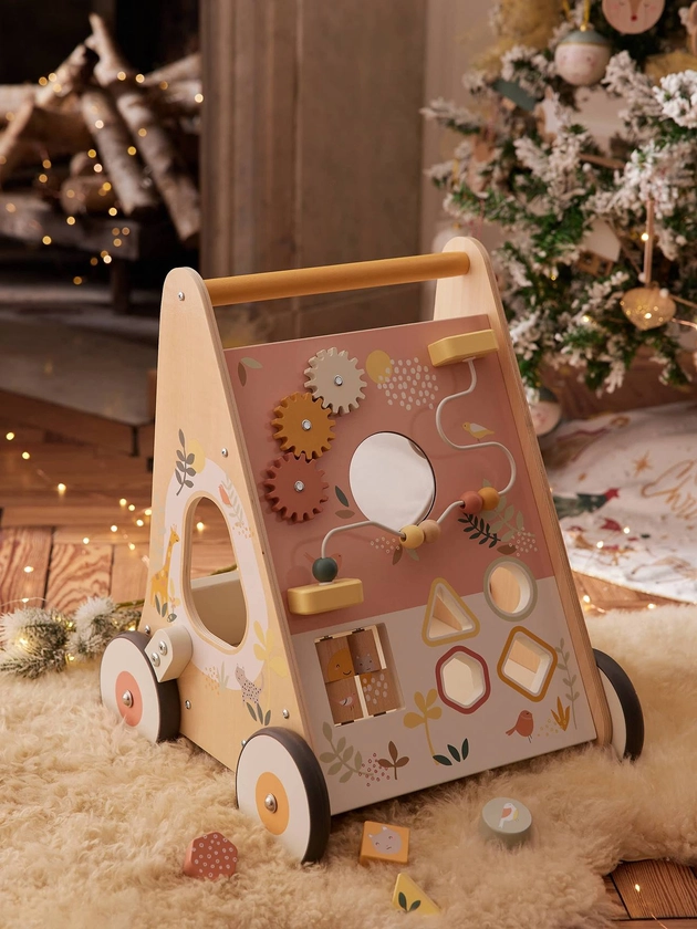 Chariot de marche avec freins en bois FSC® rose - Vertbaudet