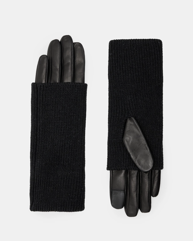 Zoya Knitted Cuff Leather Gloves Black | ALLSAINTS