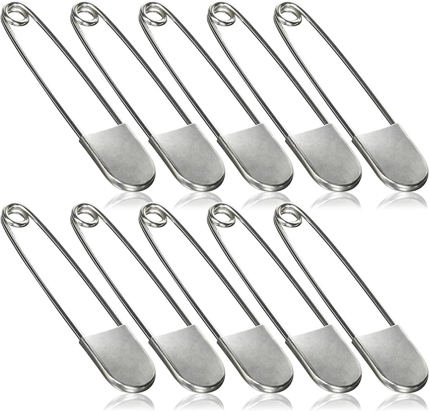 Set of 10 Giant Safety Pins, Tool Gadget Large Stainless Steel Safety Pins for Heavy Duty Laundry