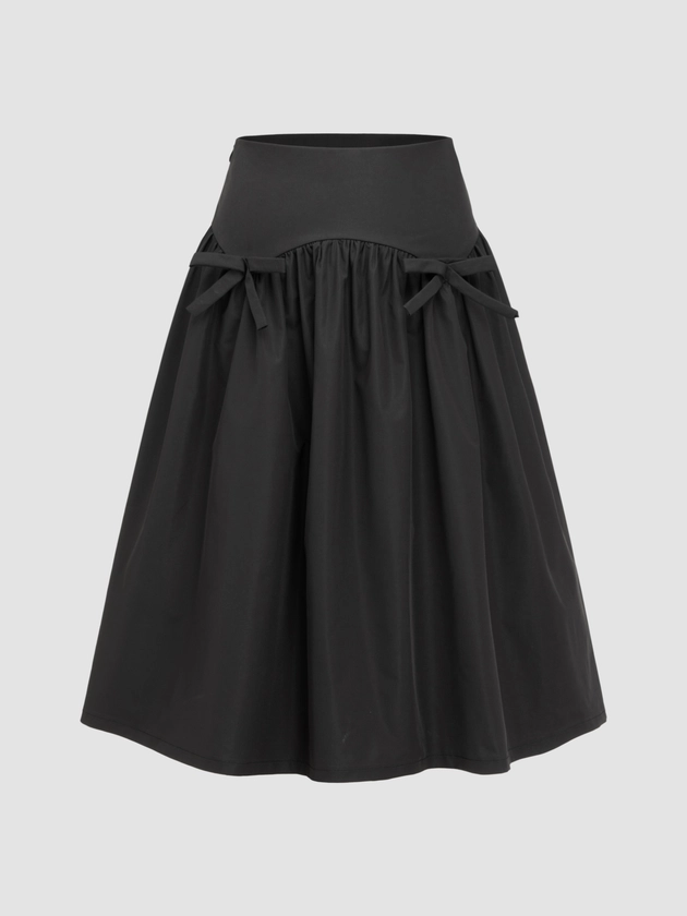 Long Skirts Woven Mid Rise Bowknot Ruffle Solid Maxi Skirt For School Date