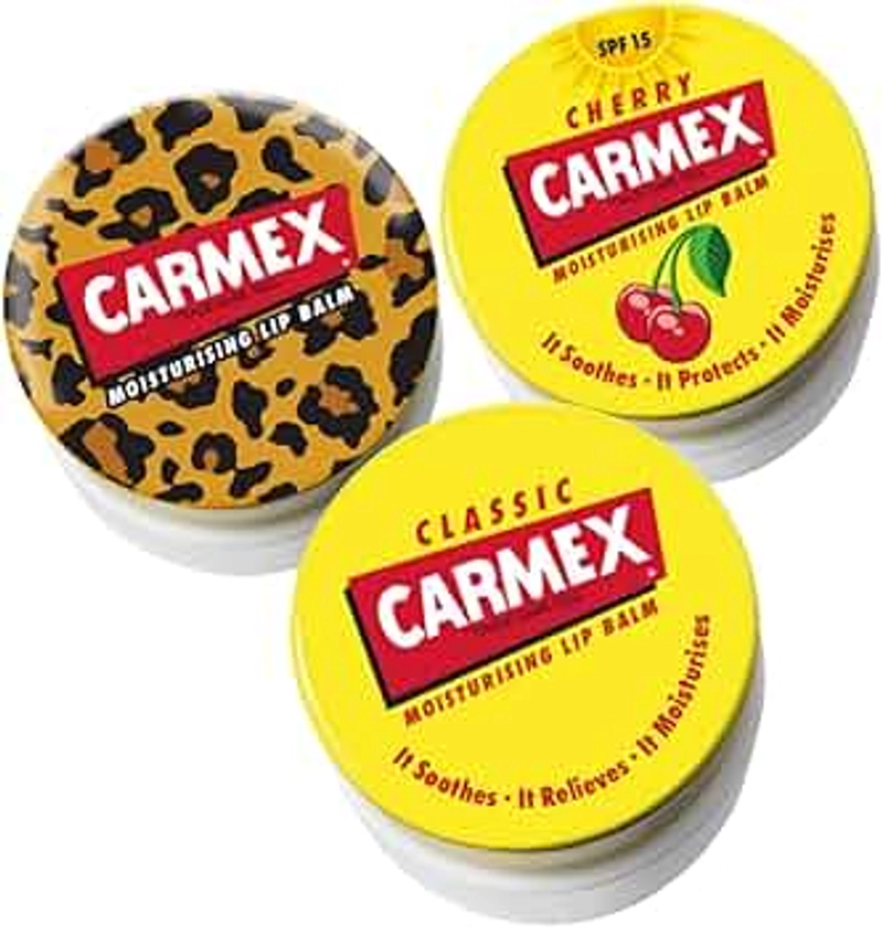 Carmex Lip Balm Pot Mixed Pack of 3 (Cherry, Classic & Wild), 7.5 g (Pack of 3)