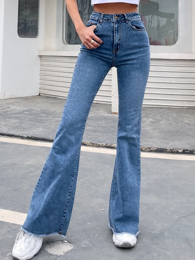 SHEIN Frenchy High-rise Raw Hem Flare Jeans | SHEIN USA