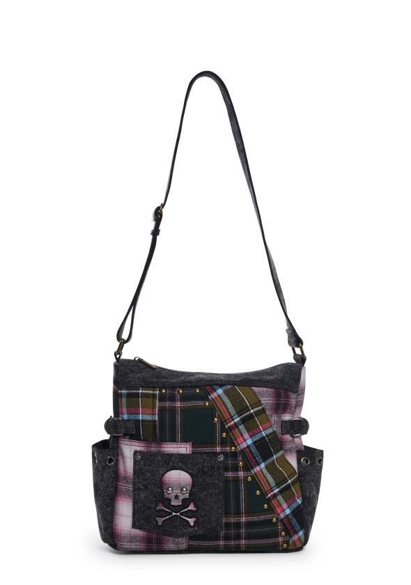 Current Mood Punk Plaid Patchwork Twill Skull Studded Messenger Crossbody Bag - Multi