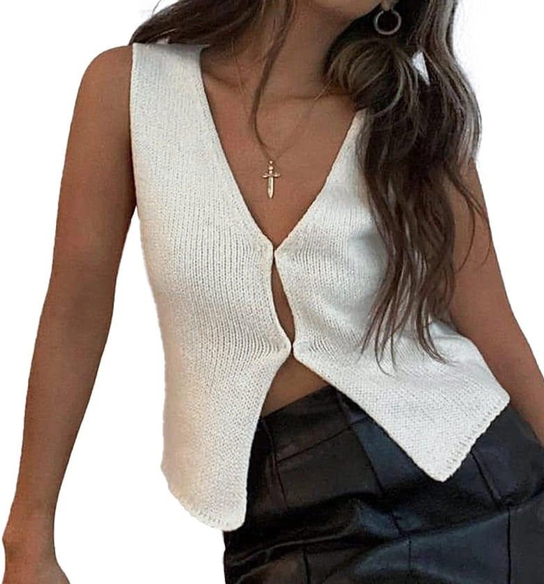 UAURORAO Women Crochet Knit Vest V Neck Button Down Sleeveless Crop Top Hollow Out Y2k Vintage Versatile Streetwear (A,Small) at Amazon Women’s Clothing store