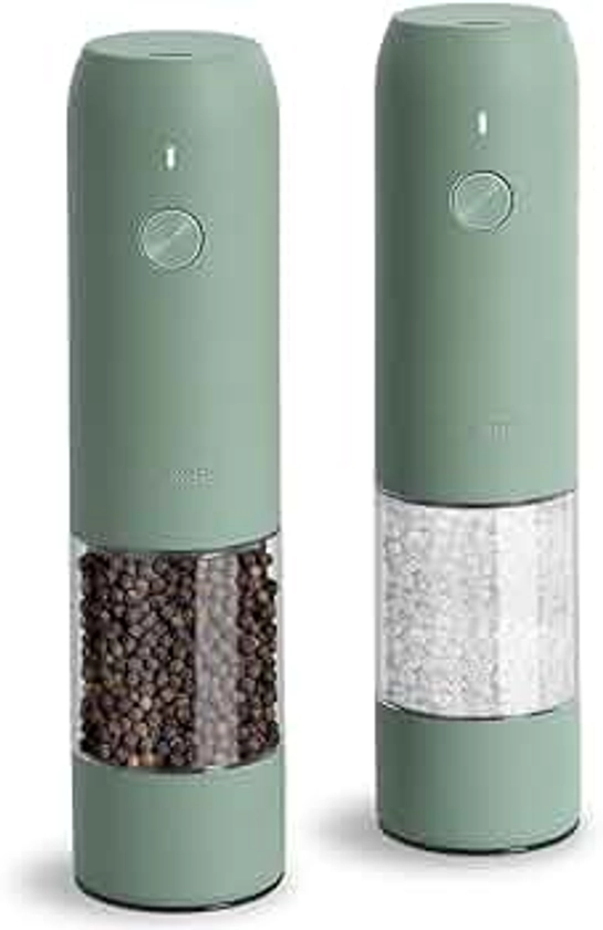 TLYSXPRO Electric Salt and Pepper Grinder Set, USB Rechargeable, Automatic Salt and Pepper Mill Grinder with Adjustable Coarseness, Electric Salt Shakers, LED Light, Refillable (2 Packs, Sage)