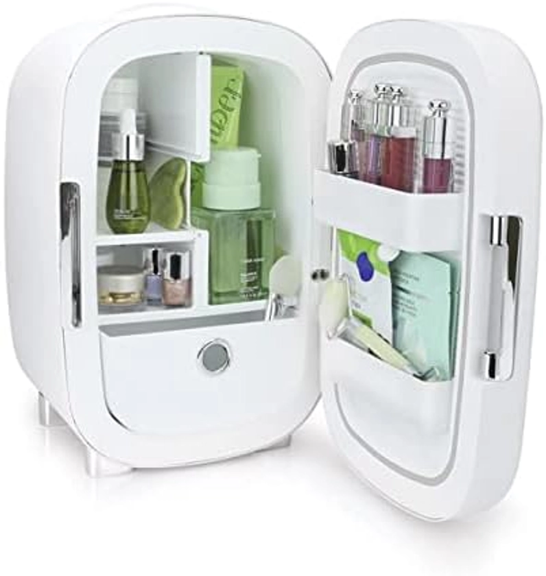 Cosmetic Mini Fridge with Mirror Door for Vanity, Portable Thermoelectric Refrigerators (White)