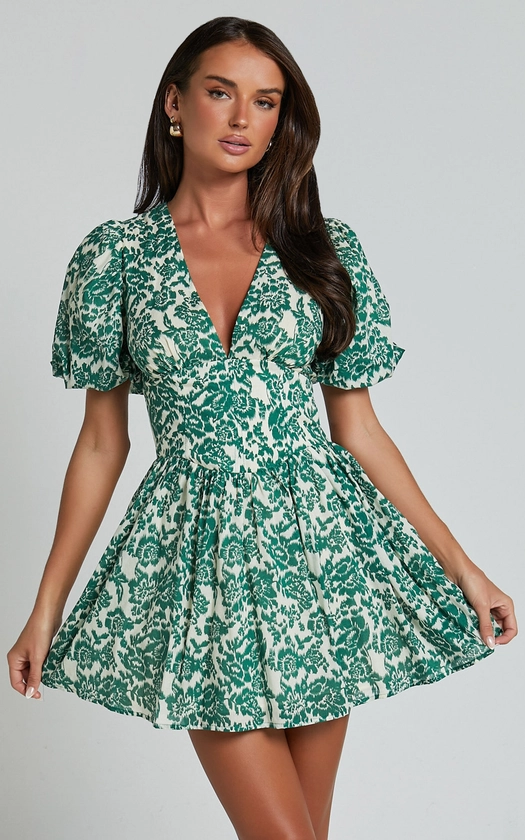 Nelli Mini Dress - Short Puff Sleeve Shirred Back Dress in Green Silhouette