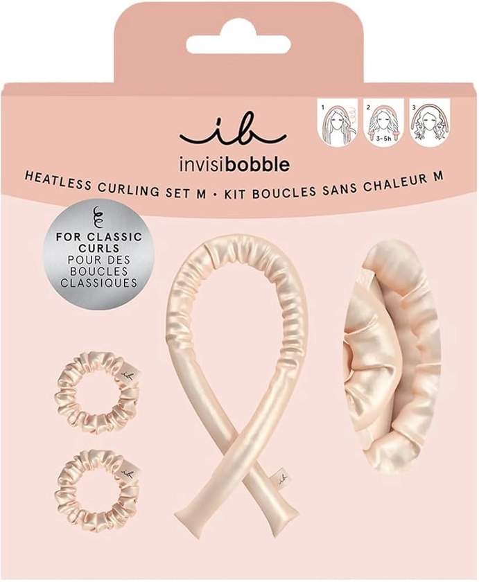 invisibobble Set Boucles sans Chaleur Rose | Créez de boucles sans chaleur et abimez pas vos cheveux avec un fer a boucler | Bigoudis 1 unité et Chouchou soie 2 unités