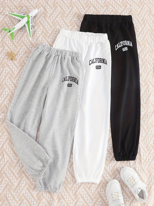 3-piece Set Girl's Sports Pants, Elastic Waist Casual Sweatpants With ''California'' Print
