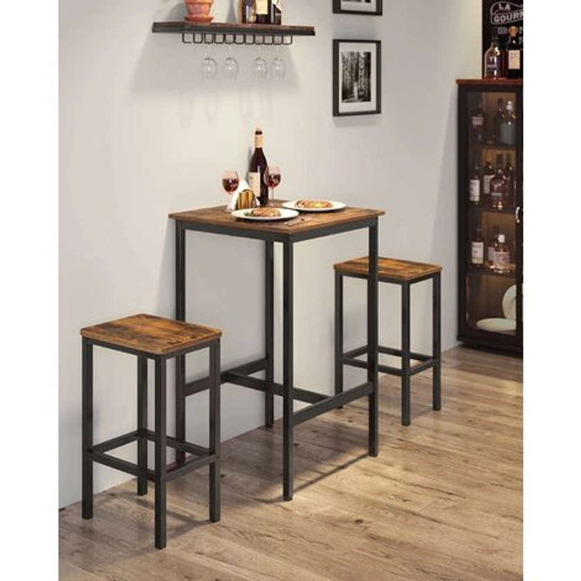 VASAGLE Dining Table and Chairs Set, Bar Table and Stools Set, 60 x 60 x 90 cm Small Kitchen Table, 30 x 40 x 65 cm Chairs, for Dining Room, Kitchen, Industrial, Rustic Brown and Black LBT017B01