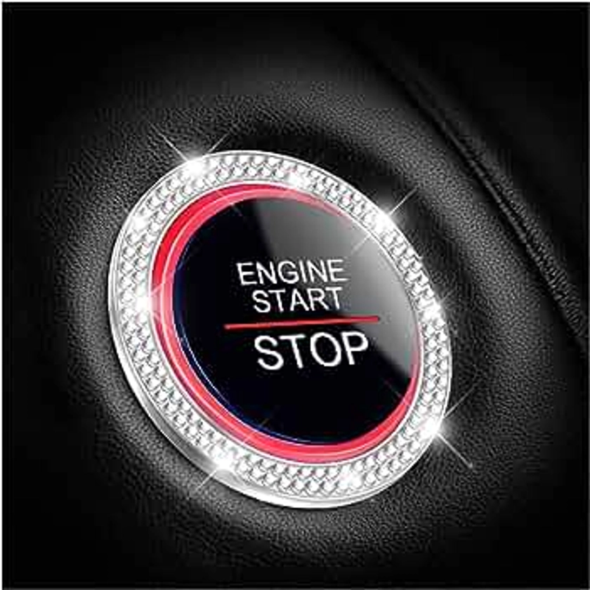 Car Bling Crystal Rhinestone Engine Start Ring Decals, 2 Pack Car Push Start Button Cover/Sticker, Key Ignition Knob Bling Ring, Sparkling Car Interior Accessories for Women (Silver)