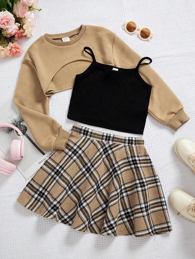 SHEIN Kids HYPEME Tween Girl Solid Cami Top & Plaid Print Skirt & Super Crop Pullover