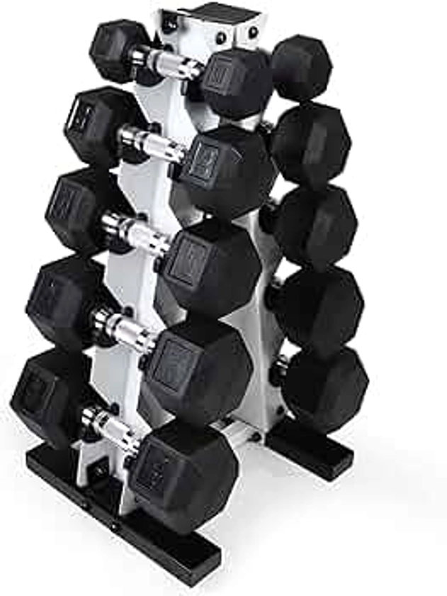 WF Athletic Supply 5-25Lb Rubber Coated Hex Dumbbell Set with A Frame Storage Rack Non-Slip Hex Shape for Muscle Toning, Strength Building & Weight Loss - Multiple Choices Available