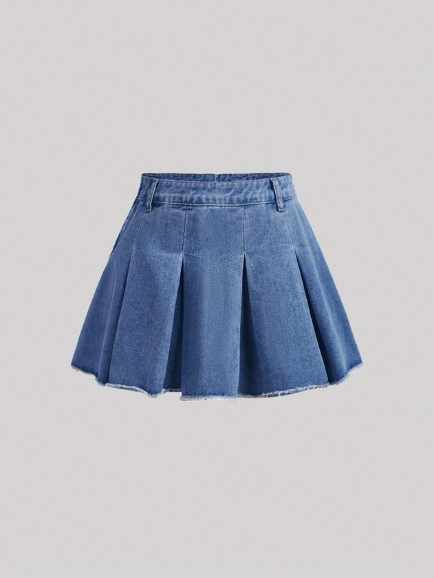 SHEIN Teen Girl Solid Pleated Raw Hem Denim Skirt