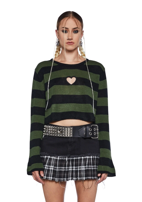 Current Mood Striped Heart Cut Out Knit Sweater - Green