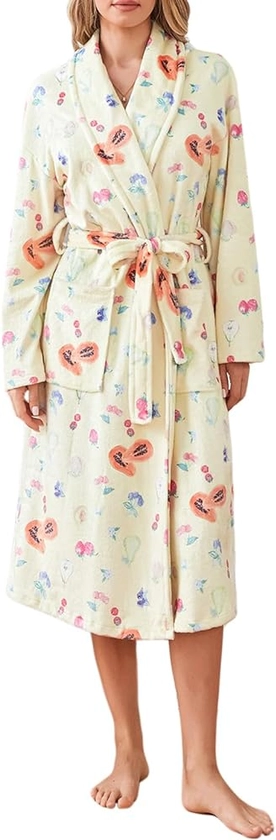 HZPHQY Women Soft Fleece Dressing Gown Floral Fruit Print Warm Bathrobe Long Towel Kimono Robe with Pocket