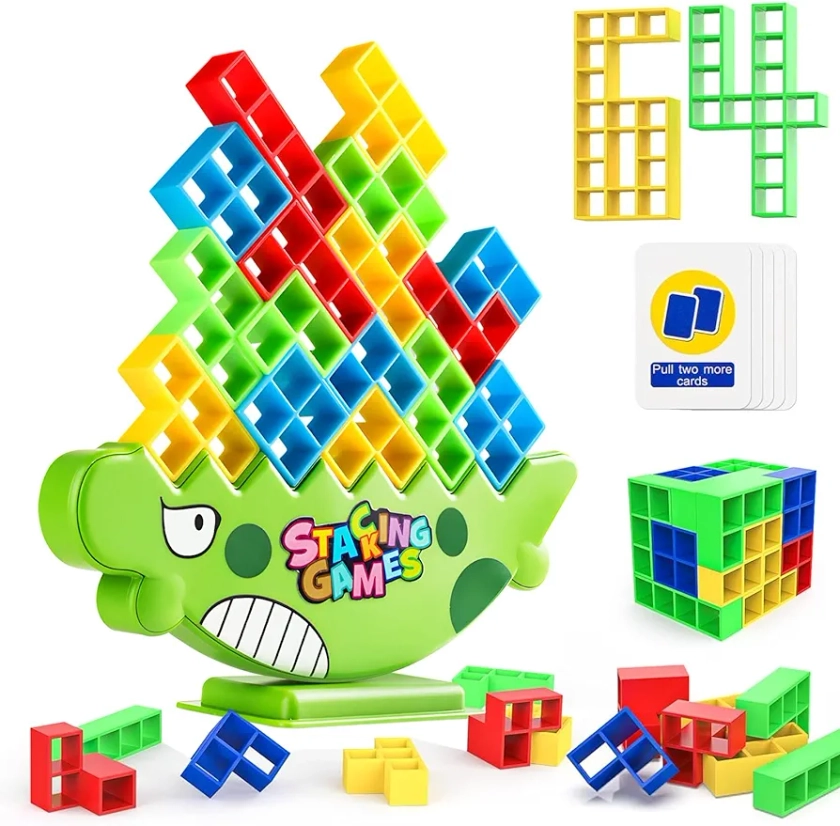 DOMIPHIE Tetra Tower Balance Game, 64PCS Tower Balance Stacking Team Building Blocks Board Game,Balancing Stacking Fun Toy, Family Games for Kids, Adults, Party, Friends, Team, Travel