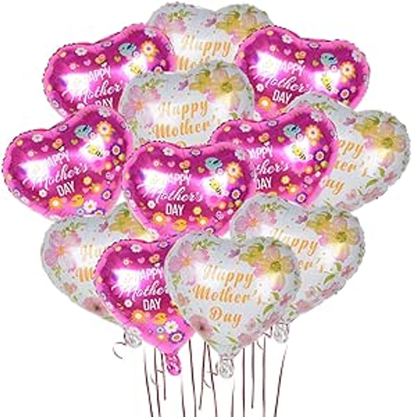 12PCS Happy Mother's Day Heart Shape Balloons - 18 Inch Aluminum Foil Floral Balloons with Ribbon for Mother's Day Parties Decorations Supplies