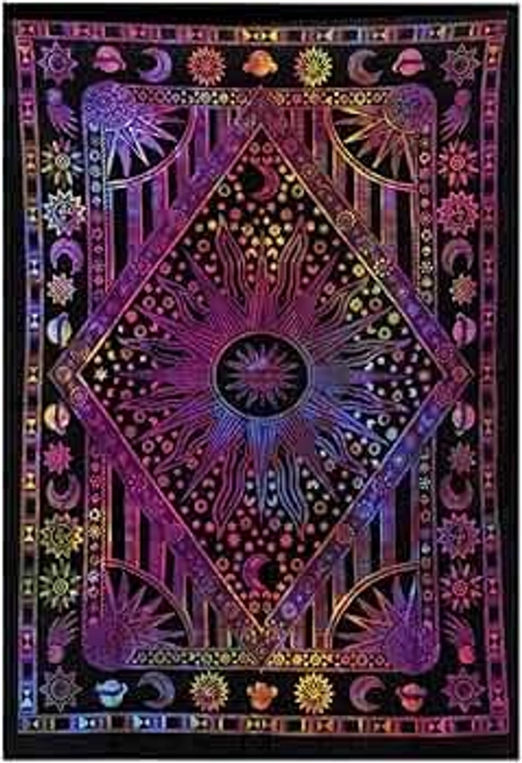 THE ART BOX Burning Sun Tapestry Tie Dye Celestial Poster Aesthetic Bedroom Tapestries Moon Star Tarot Cotton Wall Hanging Boho Hippie Dorm Decor Beach Coverlet Curtain Blanket - Purple Multi 30"X40"