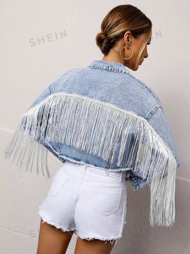 SHEIN Frenchy Fringe Raw Hem Button Front Crop Denim Jacket