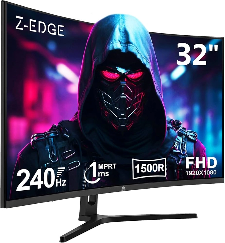 Z-Edge Ecran Pc Gamer Incurvé 32'' 240 Hz, 1ms, FreeSync, 1080P, Moniteur Gaming Lunette Ultra Fine, 1500R VA, Inclinaison Réglable, 2*HDMI2.0 & 2*DP1.4, RGB Lumière Respiratoire (Câble HDMI Inclus)