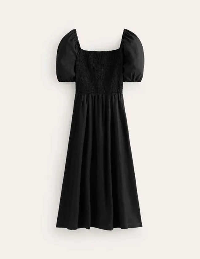 Sky Smocked Linen Midi Dress - Black | Boden UK