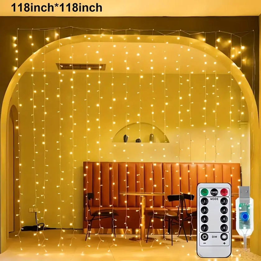 1 Set Of Fairy Curtain Lights For Bedroom, 99.06cm/299.72cm Christmas String Lights USB Plug In 8 Modes Wall Hanging Twinkle Lights With Remote Control For In/Outdoor Wedding Party Backdrop Xmas Decor