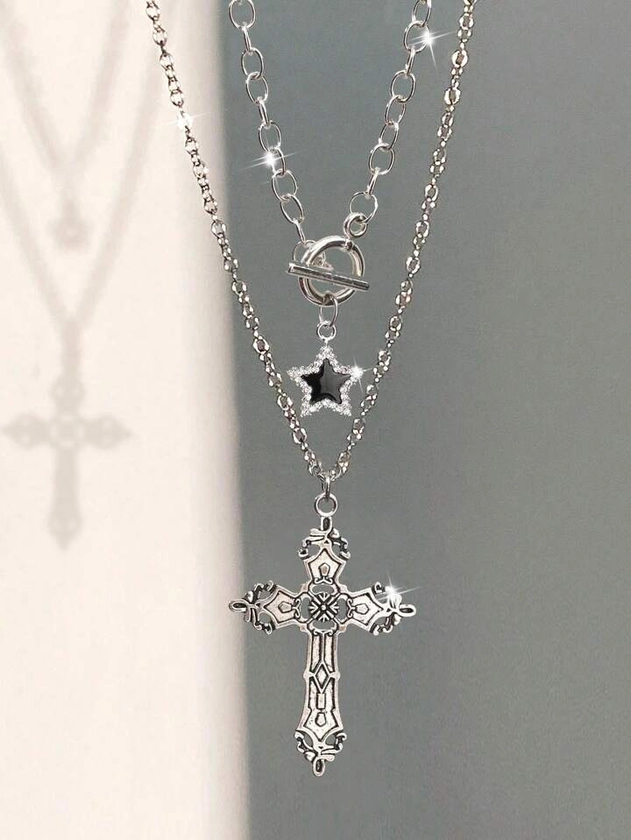 2pcs Gothic Vintage Punk Style Cross Star Charm Necklaces For Women