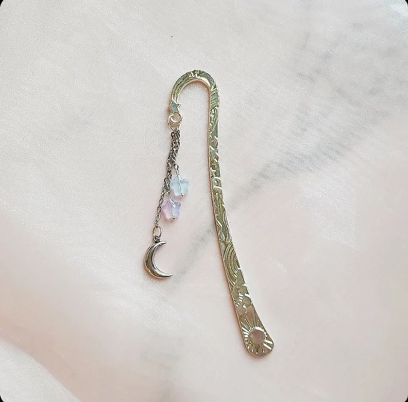 Sun and Moon Bookmark, Stars Bookmark, Celestial Bookmark, Fantasy Bookmark, Metal Bookmark, Hook Bookmark, Dangle Bookmark, Bookmark Charm