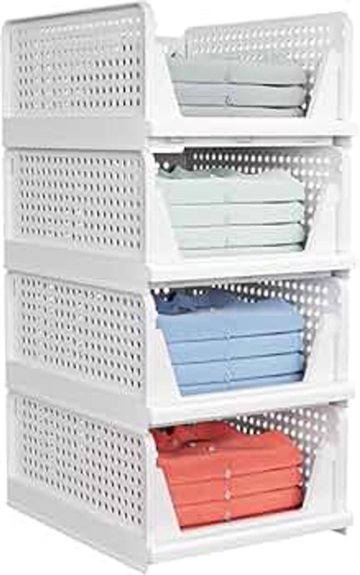 4 Pack Folding Closet Organizers Storage Box, Stackable Plastic Storage Basket, Closet Organizers and Storage Drawer Shelf Storage, Storage Container for Cupboard Kitchen Bathroom Bedroom (4L) White