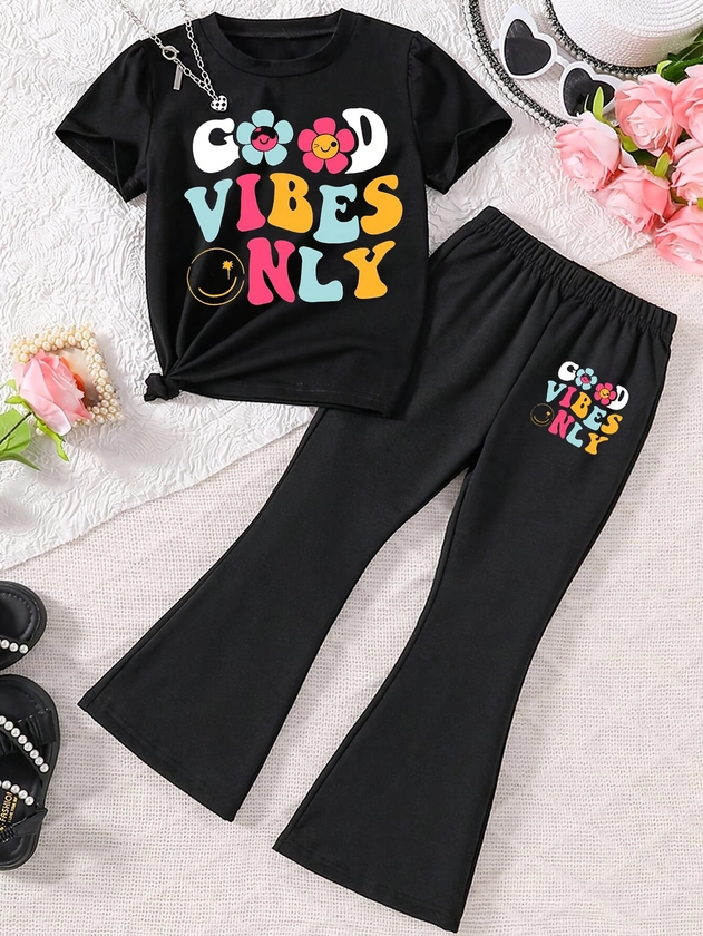 2pcs, Girls Cute Cartoon Letter Graphic Outfits Short Sleeve T-shirt Top + Flare Pants Set For Summer