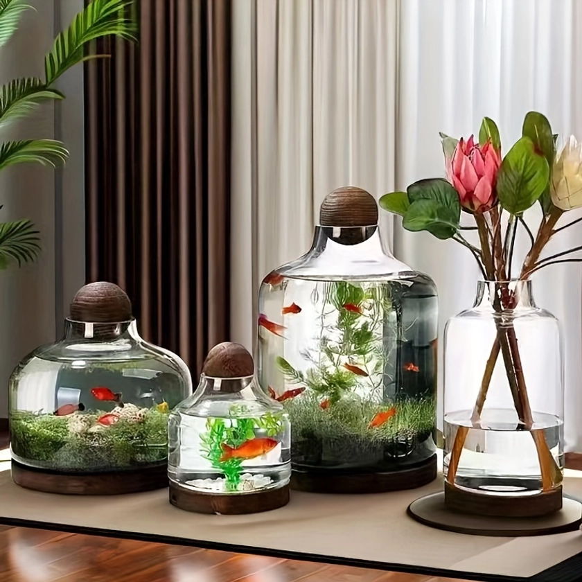 1pc, Glass Aquarium Tank For Home, Classic Style Turtle Tank, Lazy Water Grass Goldfish Bowl For Balcony Living Room Tabletop, Small * Bett