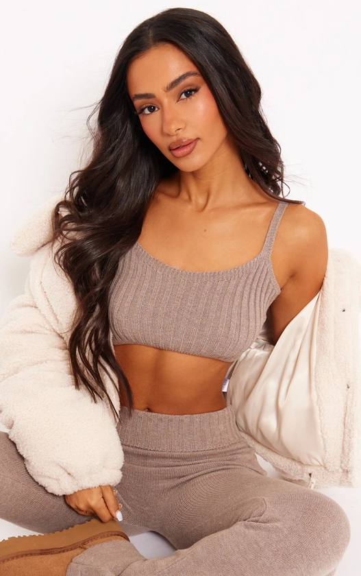 Petite Brown Knitted Strappy Cropped Top
