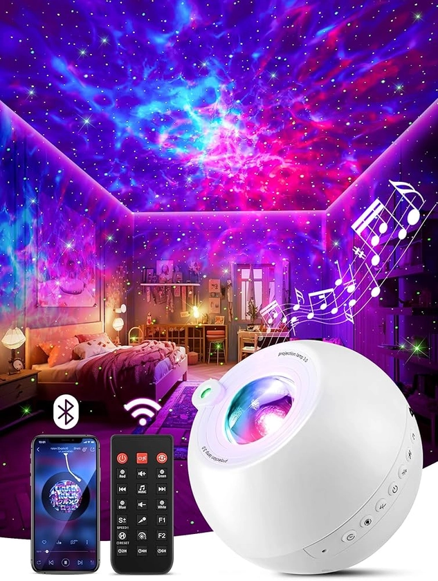 PIKOY Galaxy Projector, 15 Colors Night Light Projector for Bedroom, 15 White Noises+Bluetooth Galaxy Projector Light, Remote+Dimmable Star Projector Night Light Projector, Gift Galaxy Projector Light