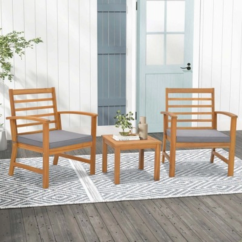 Costway 3 PCS Outdoor Furniture Set Acacia Wood Conversation Set with Soft Seat Cushions Grey