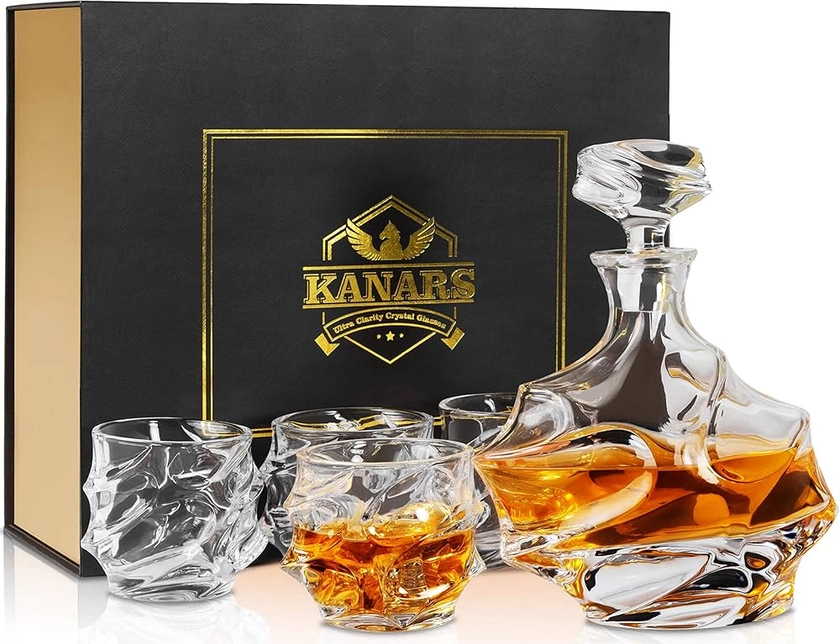 KANARS Whisky Decanter and Glasses Set, Premium No-Lead Crystal Whiskey Decanter 750 ml with 4× 320 ml Tasting Tumblers for Liquor or Scotch, Unique Stylish Gift for Wedding or Anniversary, 5-Piece